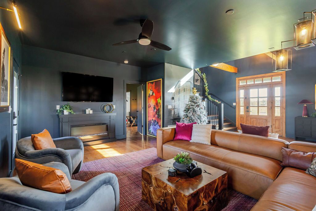 Smart TV, fireplace, books, offices