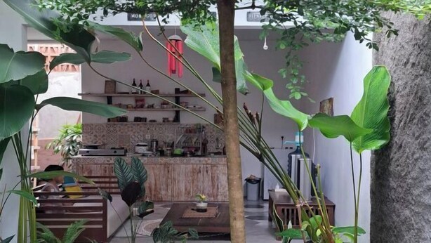 A cozy indoor space with a wooden bench, potted plants, and a tiled floor. - Bring in House Yogyakarta (Mantrijeron)