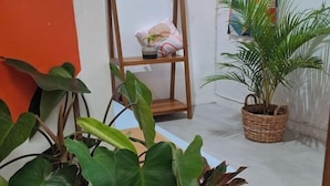A hallway with potted plants, a wooden shelf with a plant, and a woven basket. - Bring in House Yogyakarta (Mantrijeron)