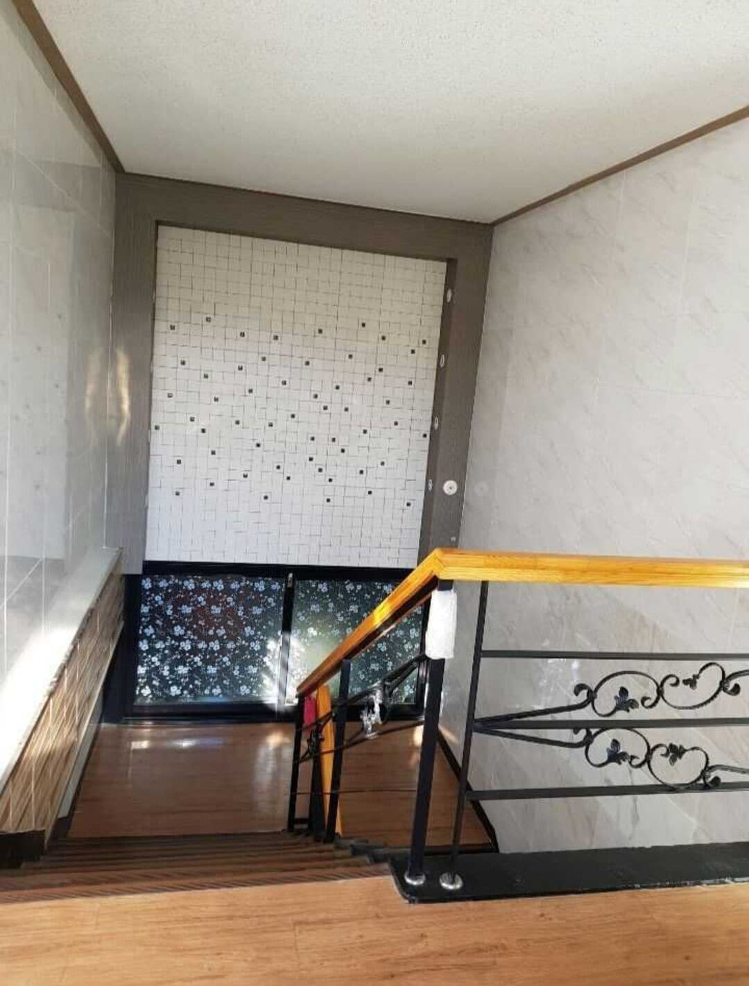 Desk, laptop workspace, blackout drapes, iron/ironing board