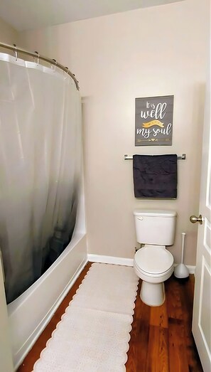 Hair dryer, towels, soap, toilet paper