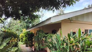 Une maison dotée d’un porche abrité, entourée d’une végétation luxuriante et bordée d’un chemin en pierre.