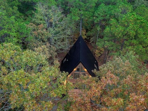 A cabin with a triangular roof surrounded by dense forest.
