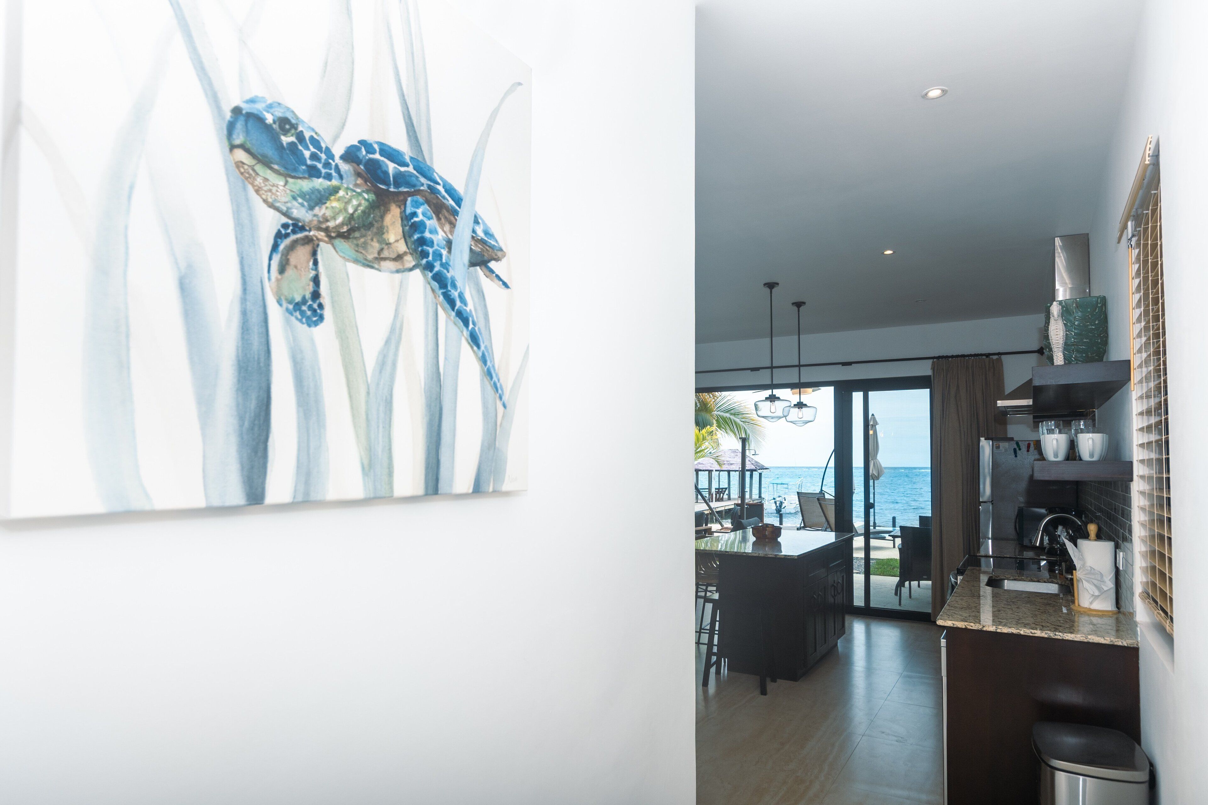 Cocina moderna con vistas al mar, zona de comedor y un cuadro grande de una tortuga marina.