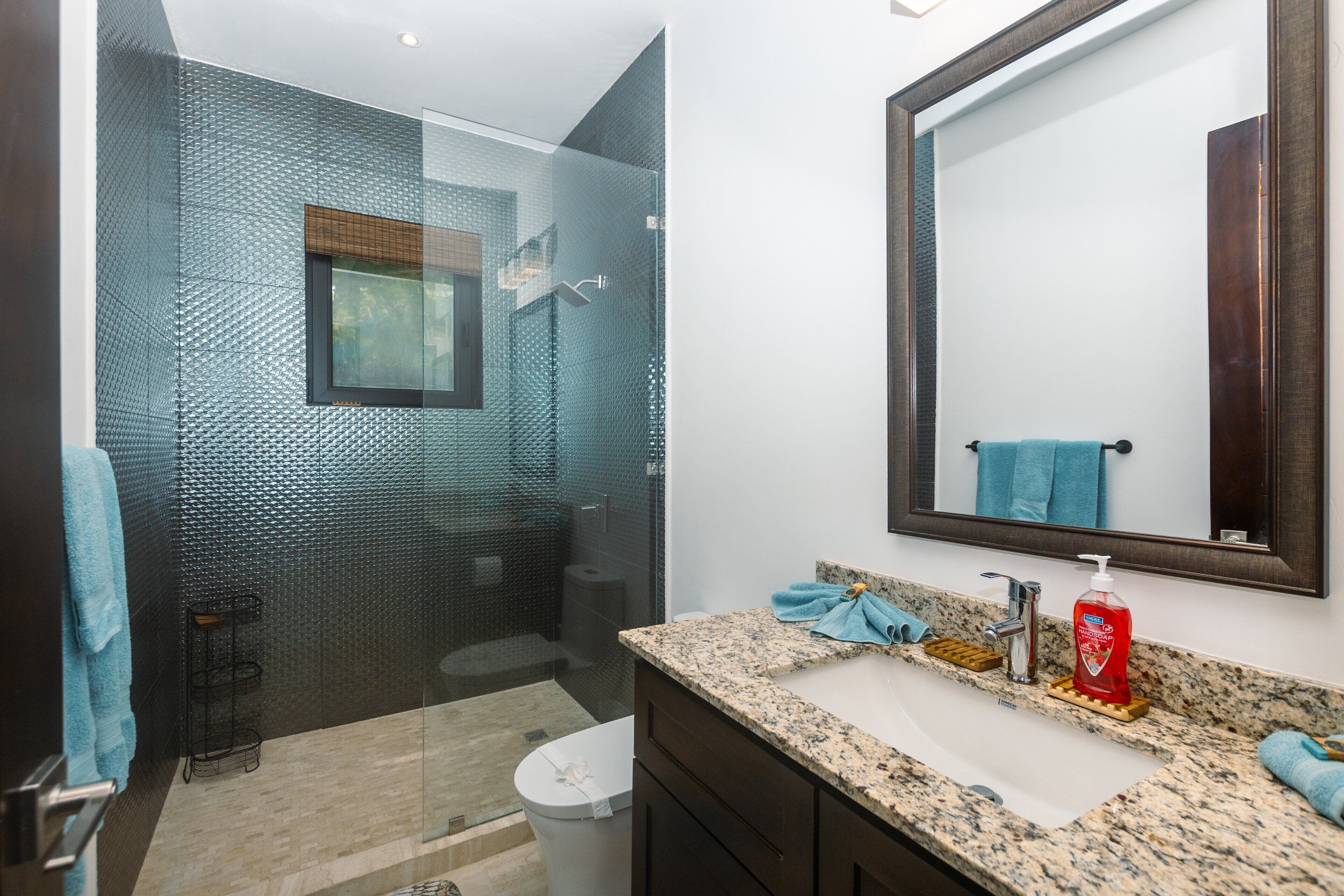 Un baño moderno con ducha de vidrio, encimera de granito y un espejo grande.