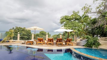Outdoor pool, pool umbrellas