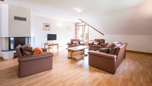A spacious living room with a fireplace, a television, and a large window. - Birdie F Ndeg21 - 5p10 (Giez)