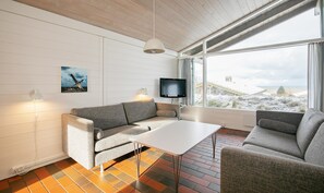 Ein modernes Wohnzimmer mit einer Couch, einem Fernseher und einem Fenster mit Blick auf eine verschneite Landschaft.