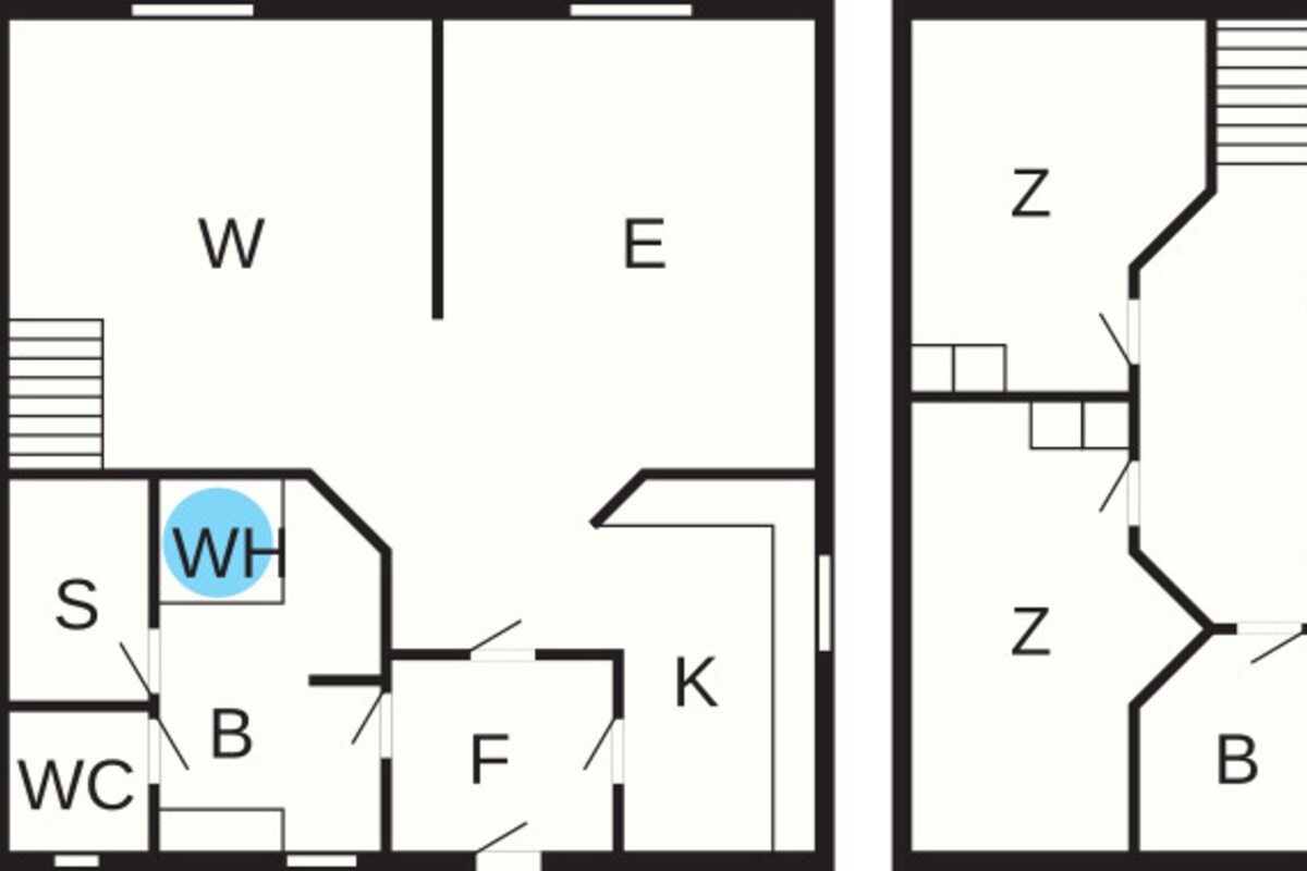 A floor plan with labeled rooms W, E, S, WC, B, F, K, and Z.