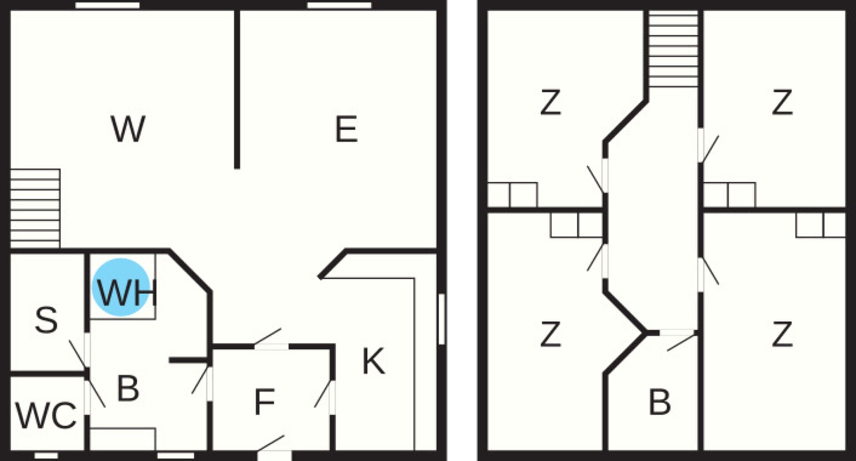A floor plan with labeled rooms W, E, S, WC, B, F, K, and Z.