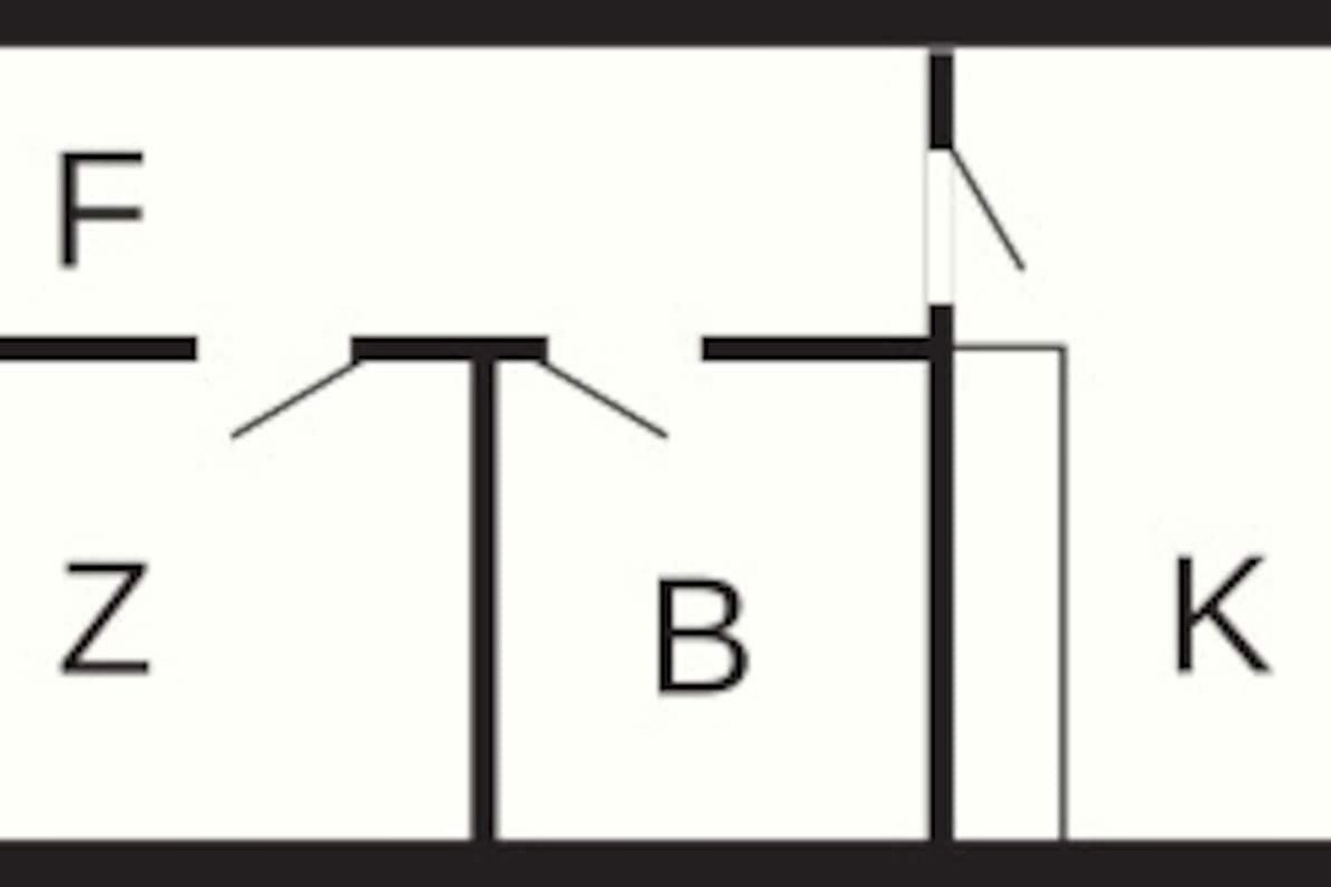 A floor plan with labeled rooms F, Z, B, K, E, and W.