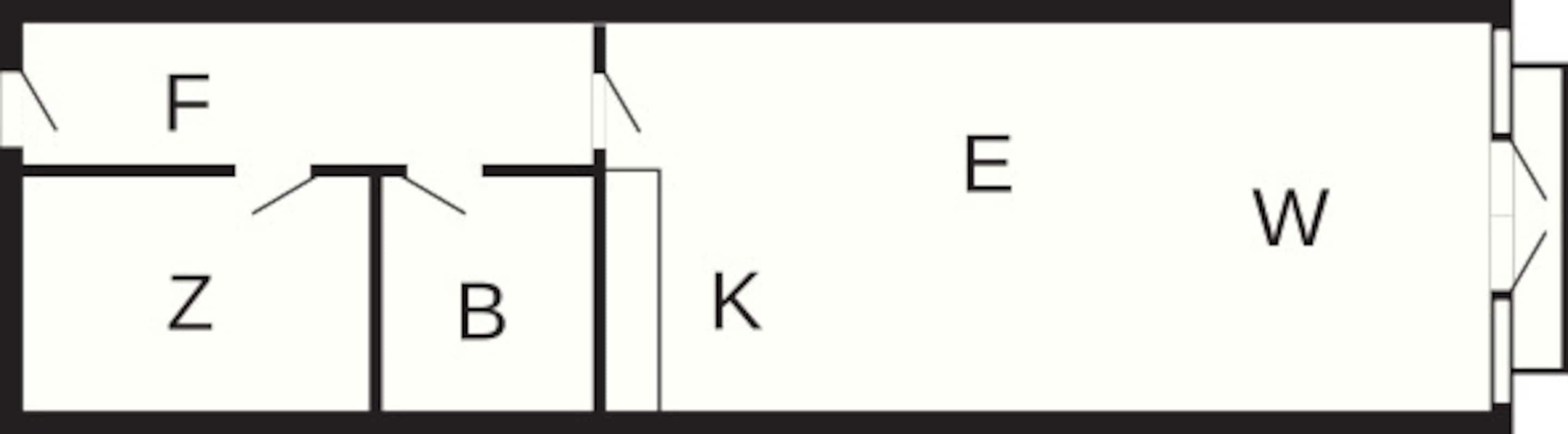 En planritning med rum som är markerade med bokstäverna F, Z, B, K, E och W.