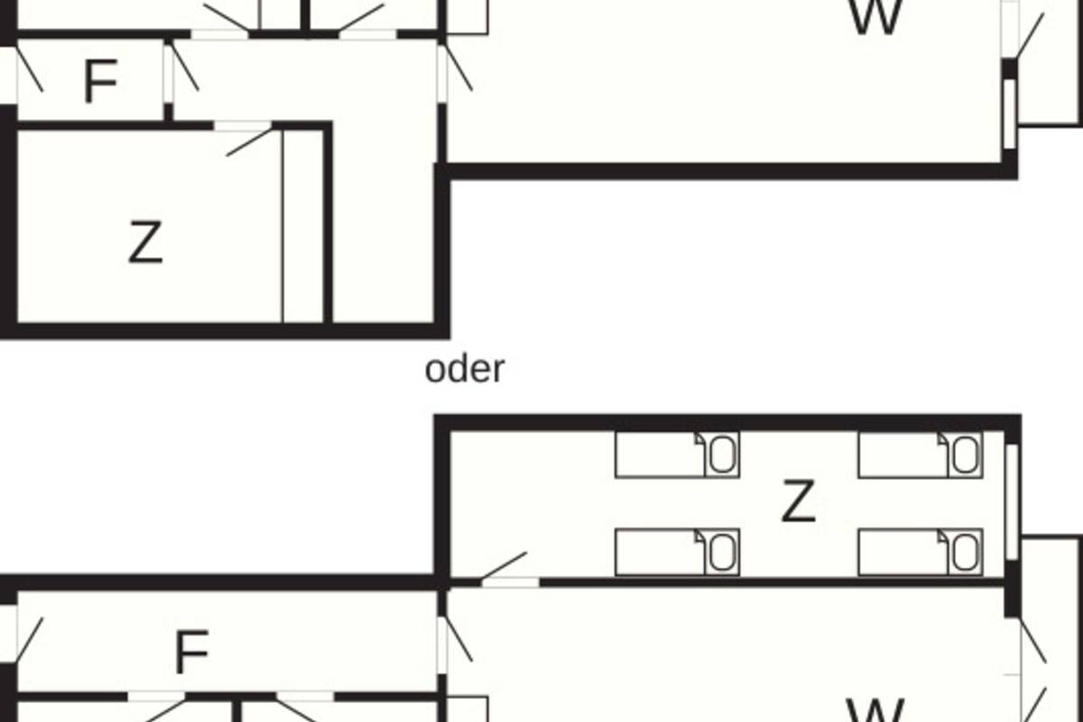 A hotel layout with multiple rooms labeled Z, B, K, E, and W, connected by corridors.