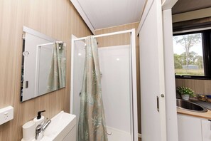 Une salle de bain moderne avec une douche, un lavabo et un miroir.