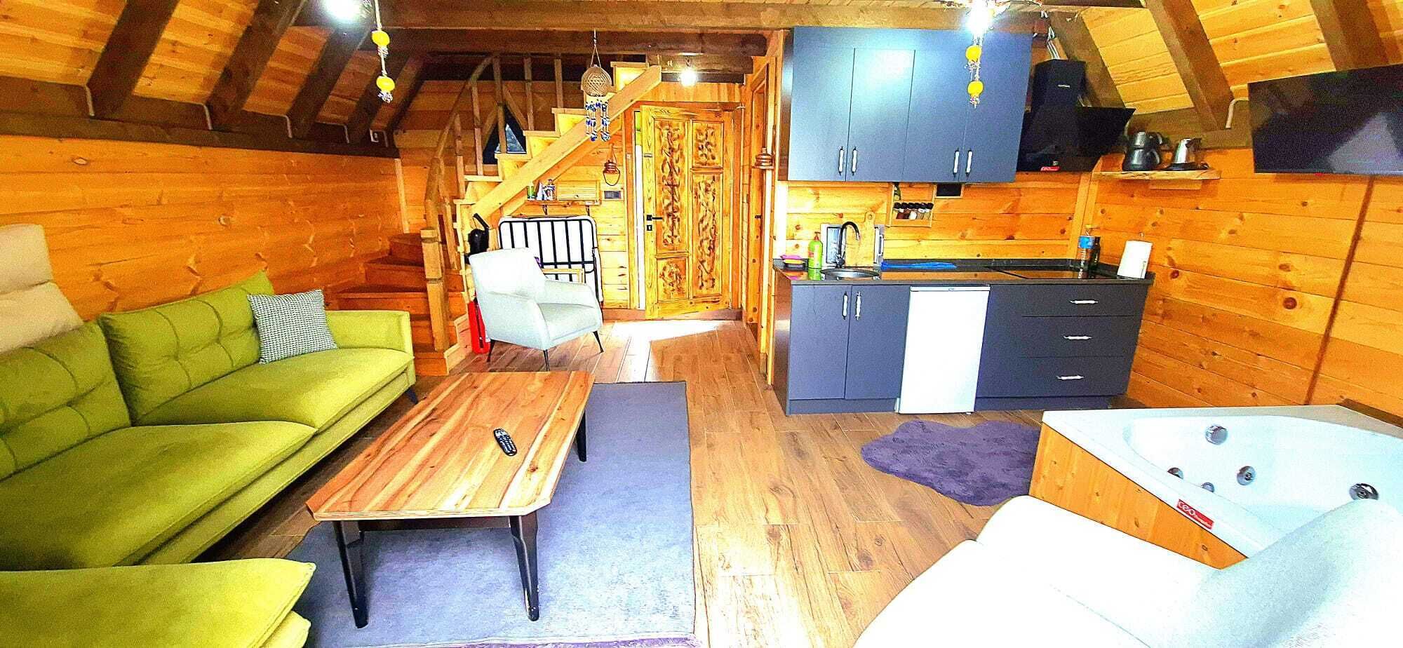 A cozy cabin interior with a green sofa, a wooden coffee table, a kitchen area with cabinets, and a hot tub.