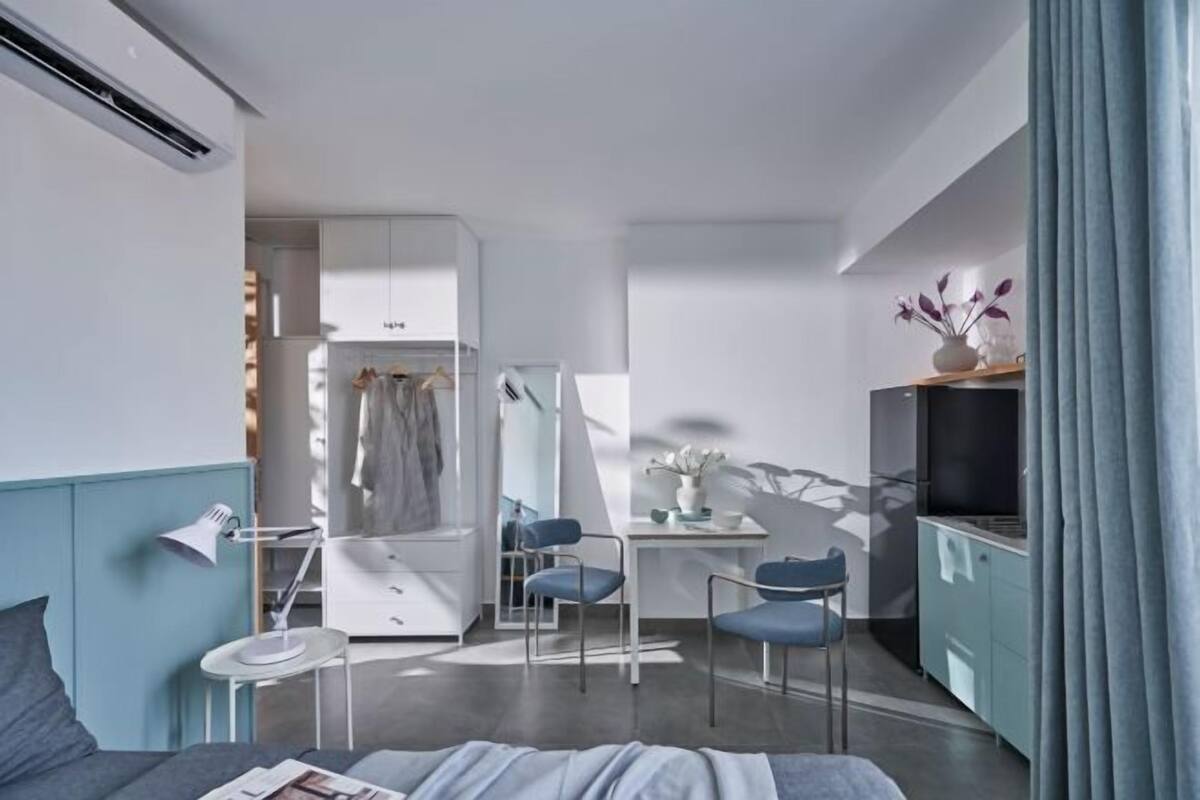 Ein modernes, kompaktes Wohnzimmer mit Küchenzeile, Essbereich und Schlafbereich.