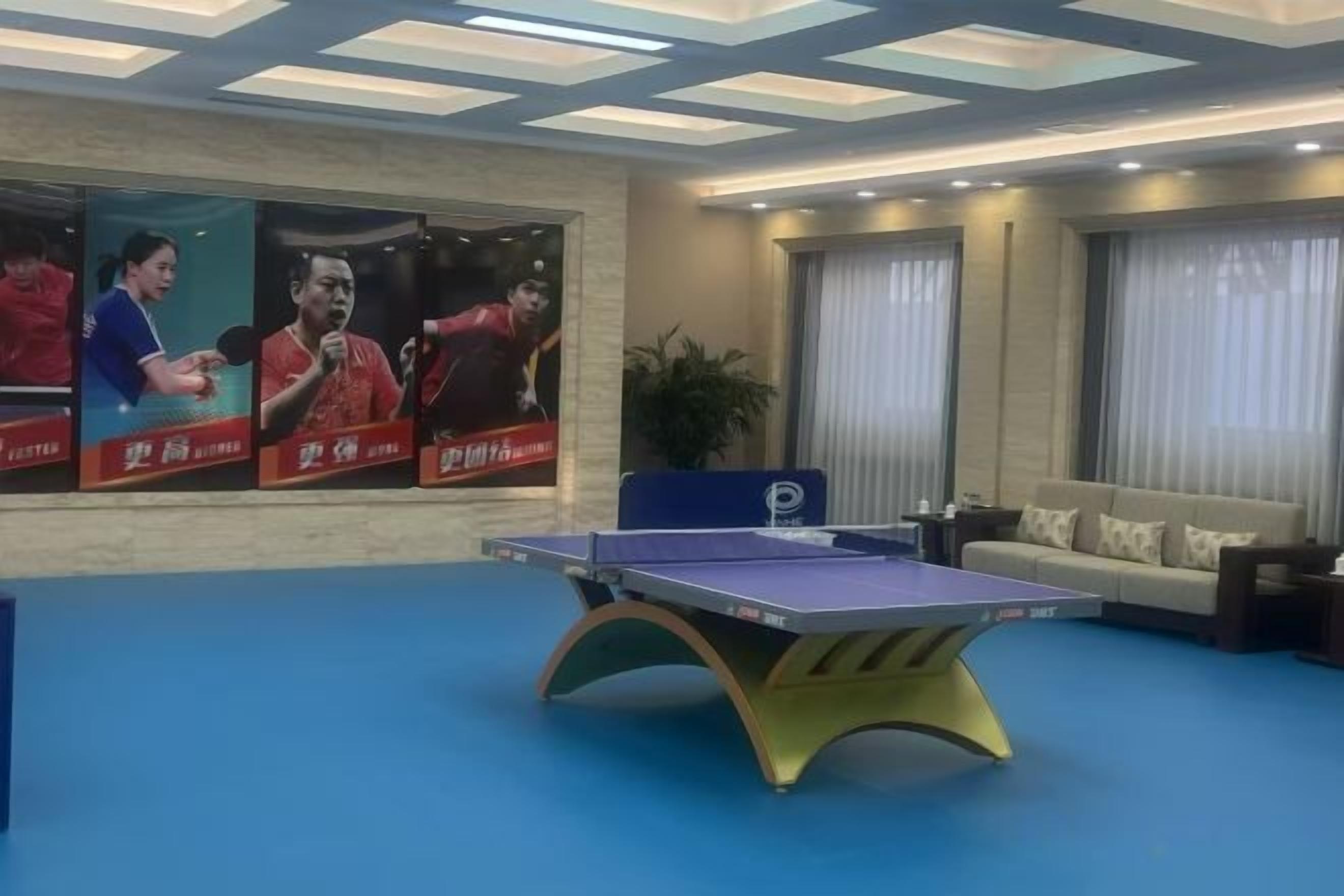 A room with a ping pong table, a sofa, and a large poster on the wall.