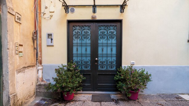 A black door with decorative glass panels, flanked by two potted plants. - Citrus Garden House (Piano di Sorrento)