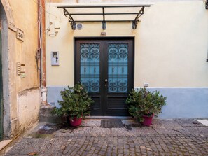 A black door with decorative glass panels, flanked by two potted plants. - Citrus Garden House (Piano di Sorrento)