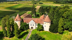 Ein großes, historisches Gebäude mit mehreren Türmen und einem zentralen Innenhof, umgeben von üppiger Vegetation und Feldern.