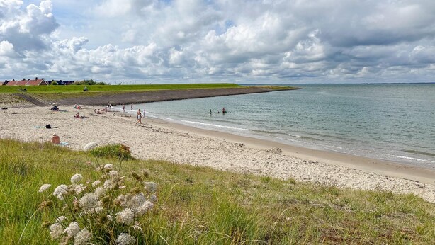 En strand med mennesker, græsarealer og en overskyet himmel.