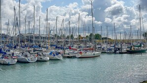 Un port esportiu amb nombroses embarcacions de vela amarrades, un cel serè i un edifici amb cartells al fons.