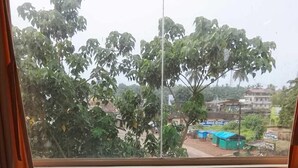 A bed with white bedding and pillows, a window with a view of trees and buildings, and a curtain partially drawn to the side. - SOHAN BOARDING AND LODGING (Udupi)