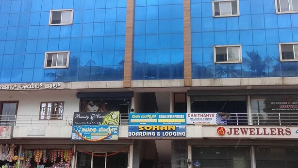 A multi-story building with a blue facade and several ground-floor shops, including a beauty care store, a boarding and lodging service, and a jewellery store. - SOHAN BOARDING AND LODGING (Udupi)