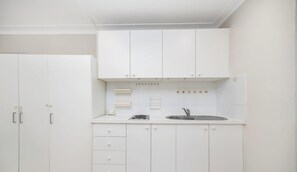 Fridge, microwave, electric kettle, toaster