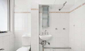 Chuveiro, secador de cabelo, toalhas de banho 