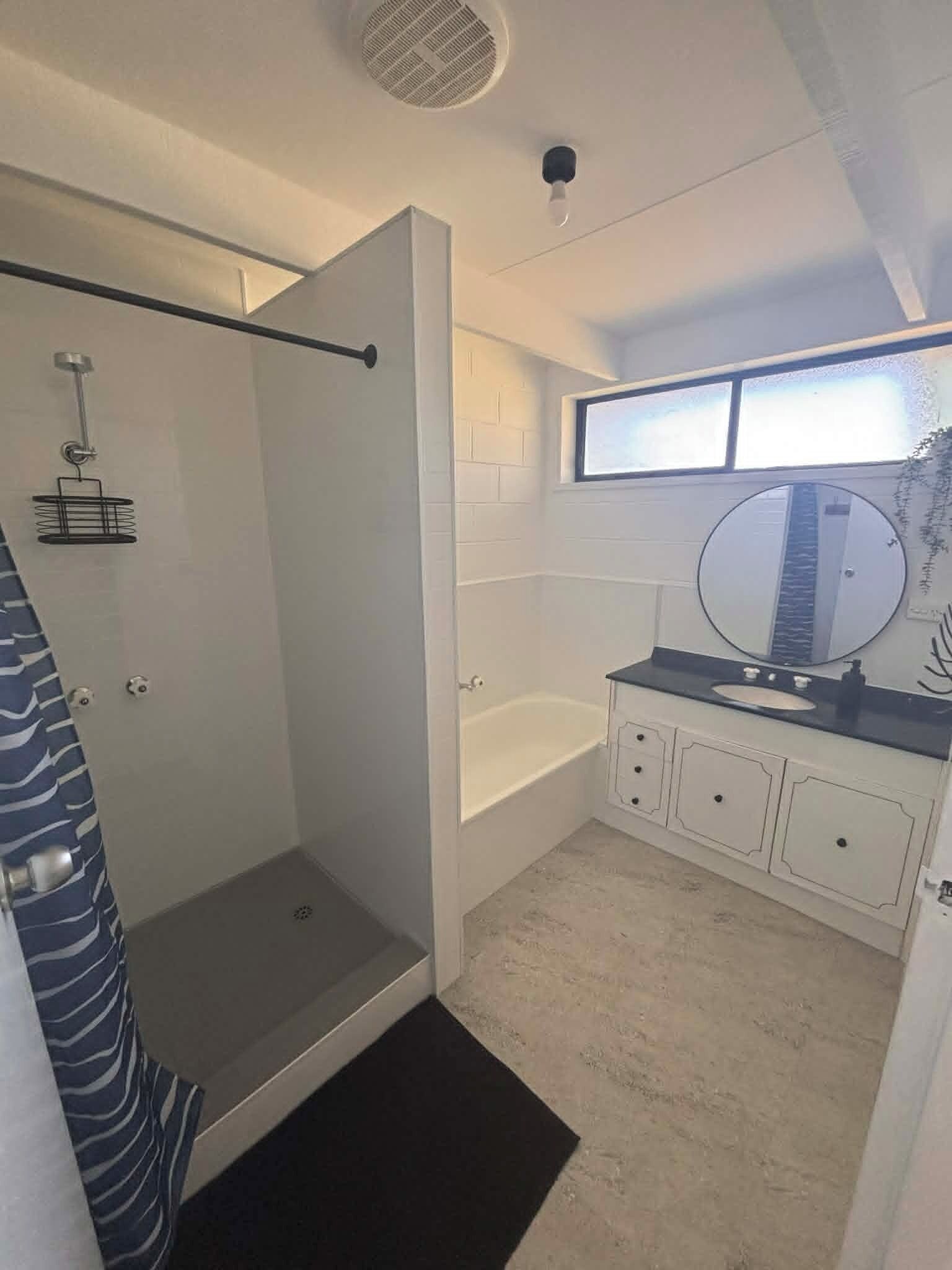 Shower, towels, soap, toilet paper