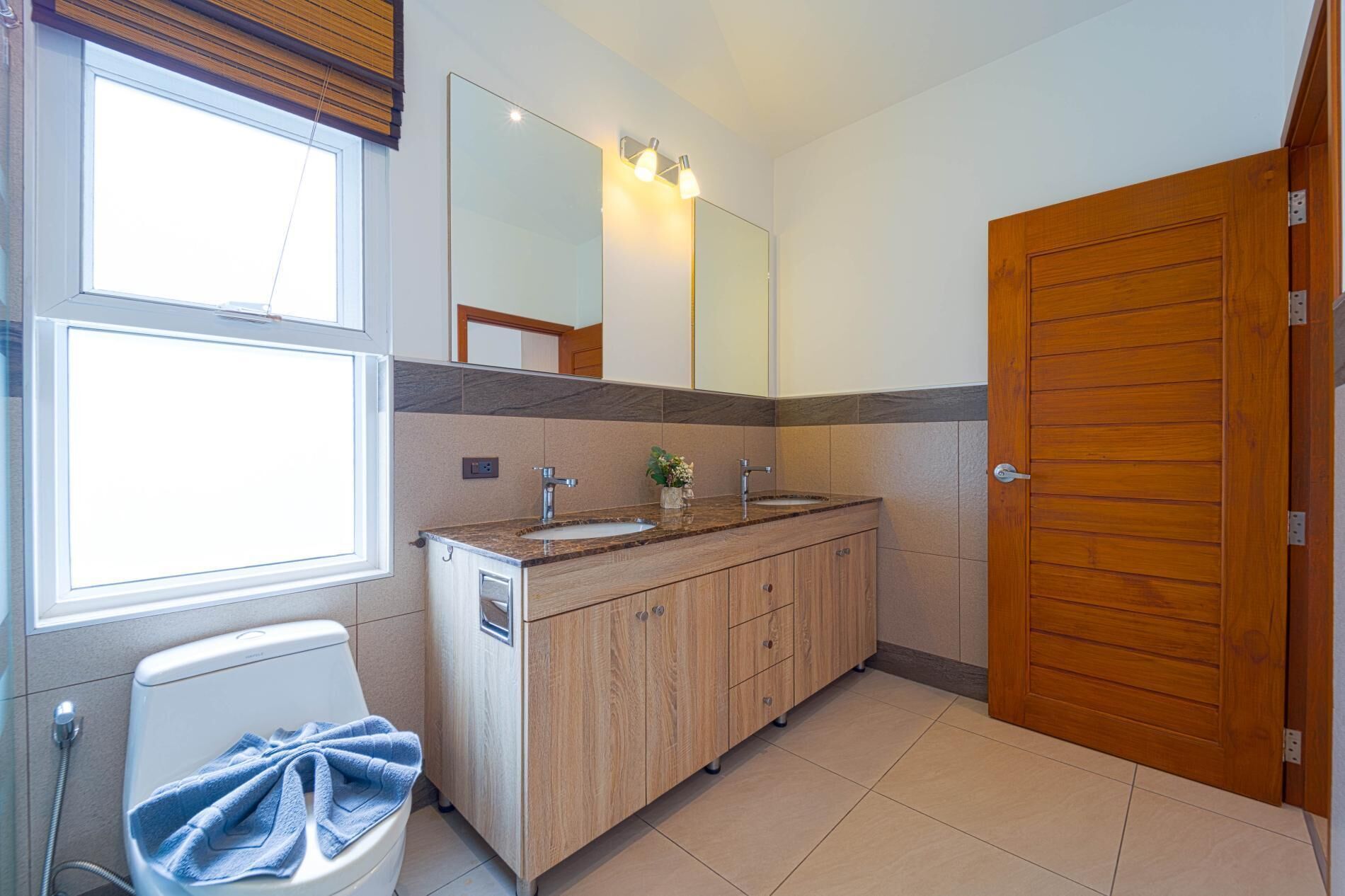 Une salle de bain avec des toilettes, un lavabo, un miroir et une porte en bois.