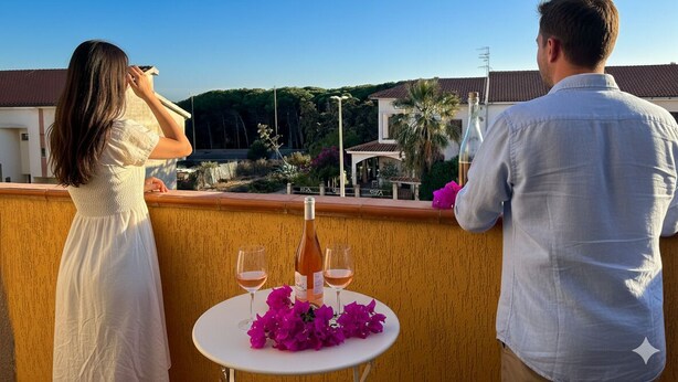 A couple overlooking a balcony with a table set with wine glasses and flowers, a view of buildings and greenery below. - Alta Marea Portoscuso (SU) - 6 Beds, Seafront and Pinewood! (Portoscuso)