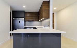 Frigorífico grande, microondas, horno y placa de cocina