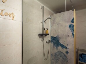 Regadera, secadora de cabello, toallas, jabón 