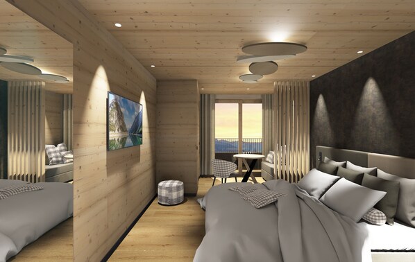 Habitación Deluxe con 1 cama matrimonial o 2 individuales, vista a la montaña | Caja de seguridad en la habitación y espacio para trabajar con laptop 