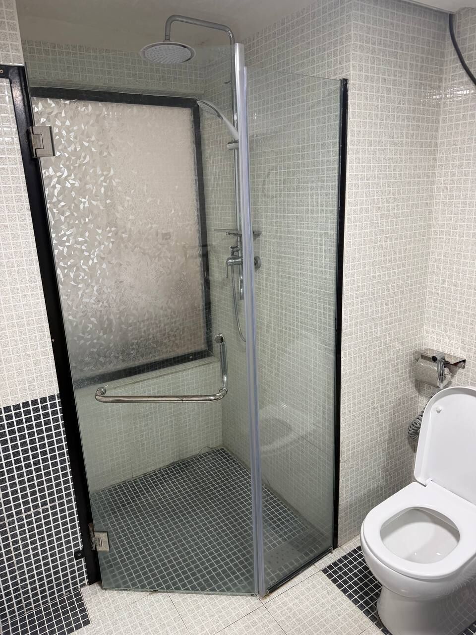 A bathroom with a glass-enclosed shower, a toilet, and a tiled floor.