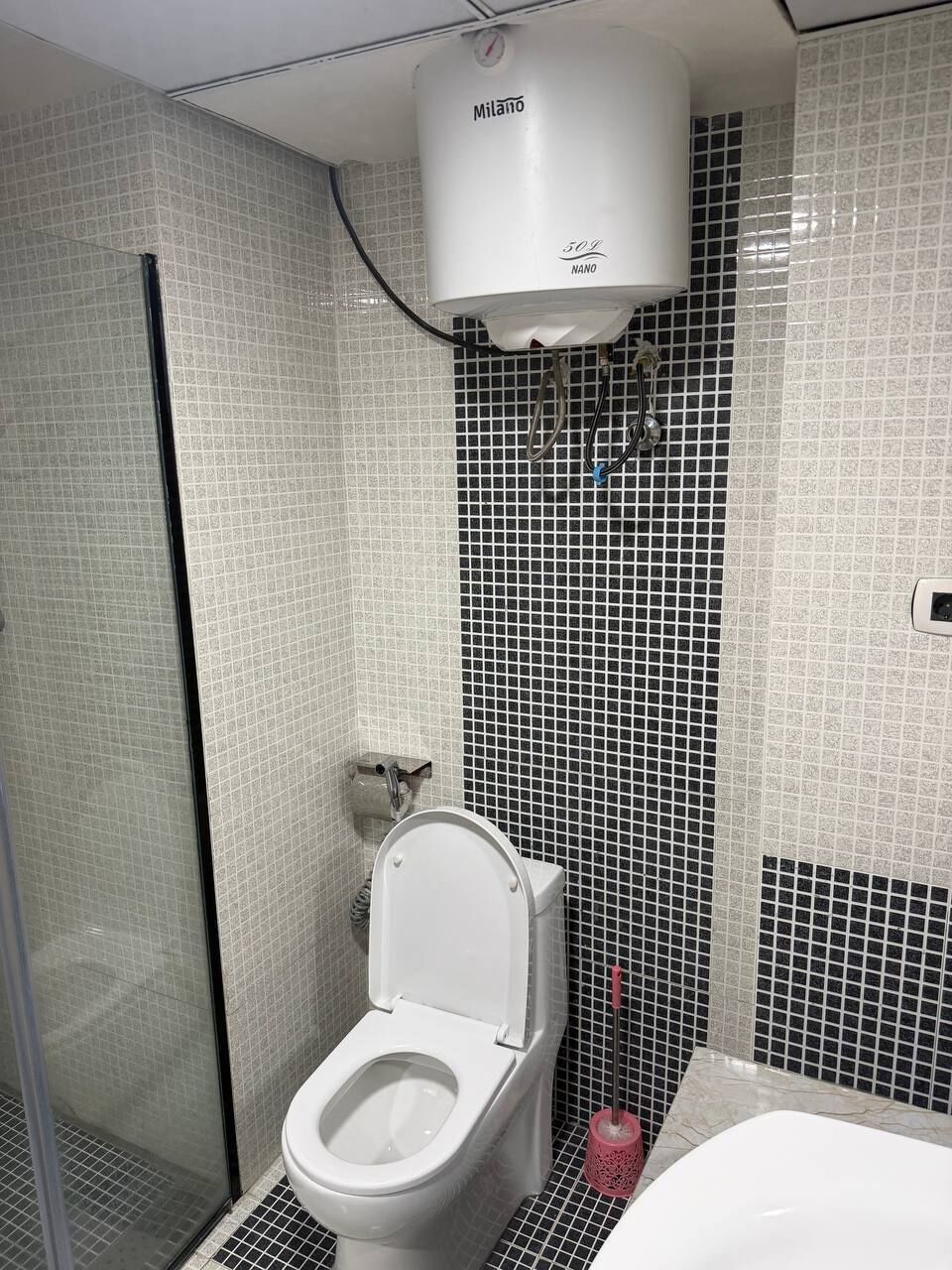 Een badkamer met een toilet, douche en boiler.