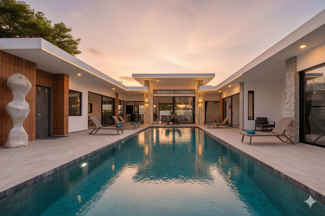 A modern indoor pool area with clear glass walls, lounge chairs, and a stone sculpture.