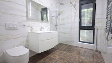 Shower, towels, soap, toilet paper