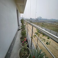 Varanda com vasos de plantas e vista para um edifício distante.