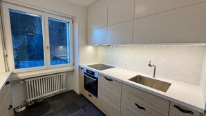 Et moderne køkken med indbygget ovn, en dobbeltvask og et vindue med udsigt til et sneklædt landskab.