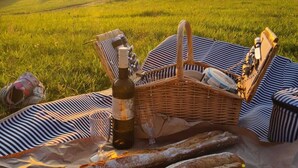 Ein Picknick mit Baguettes, einer Flasche und einem Korb auf einer Decke in einer grünen Wiese, im Hintergrund ein Sonnenuntergang.