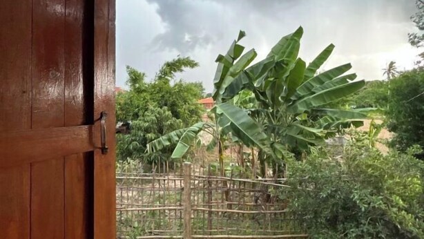 Une porte en bois s’ouvre sur une vue d’un jardin luxuriant, avec des bananiers et un ciel nuageux.