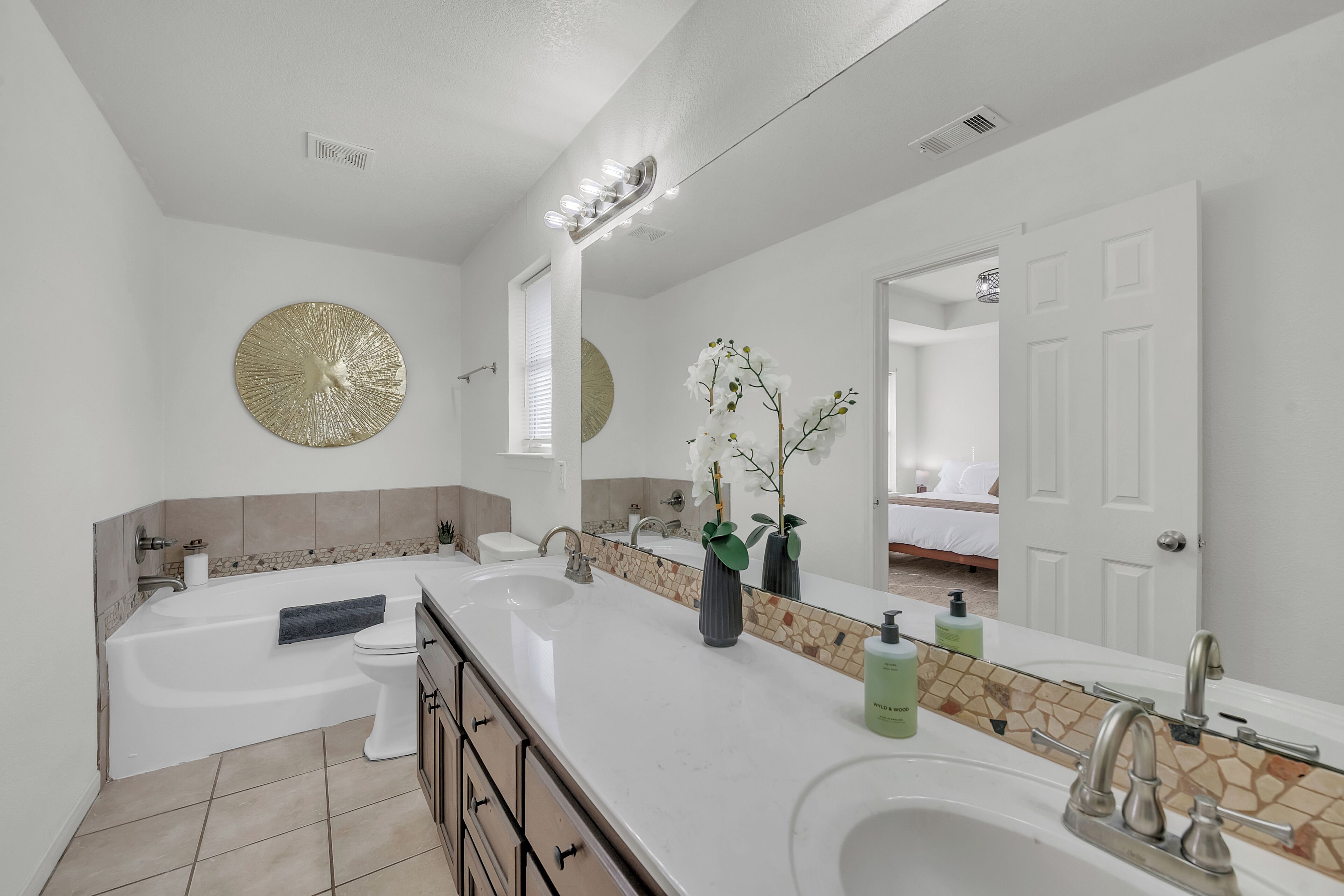 Hair dryer, towels, soap, toilet paper
