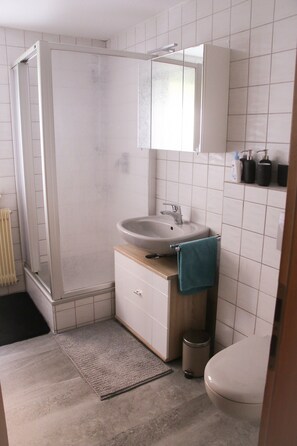 A bathroom with a shower, sink, and toilet. - Apartment 'Talblick' with Wi-Fi (Meßstetten)