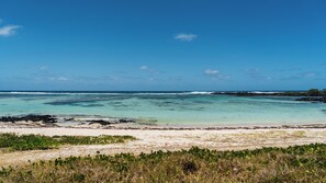 A beach with clear turquoise water, rocky outcrops, and sparse vegetation. - Villa Lagoon by Oazure (Trou d'eau douce)