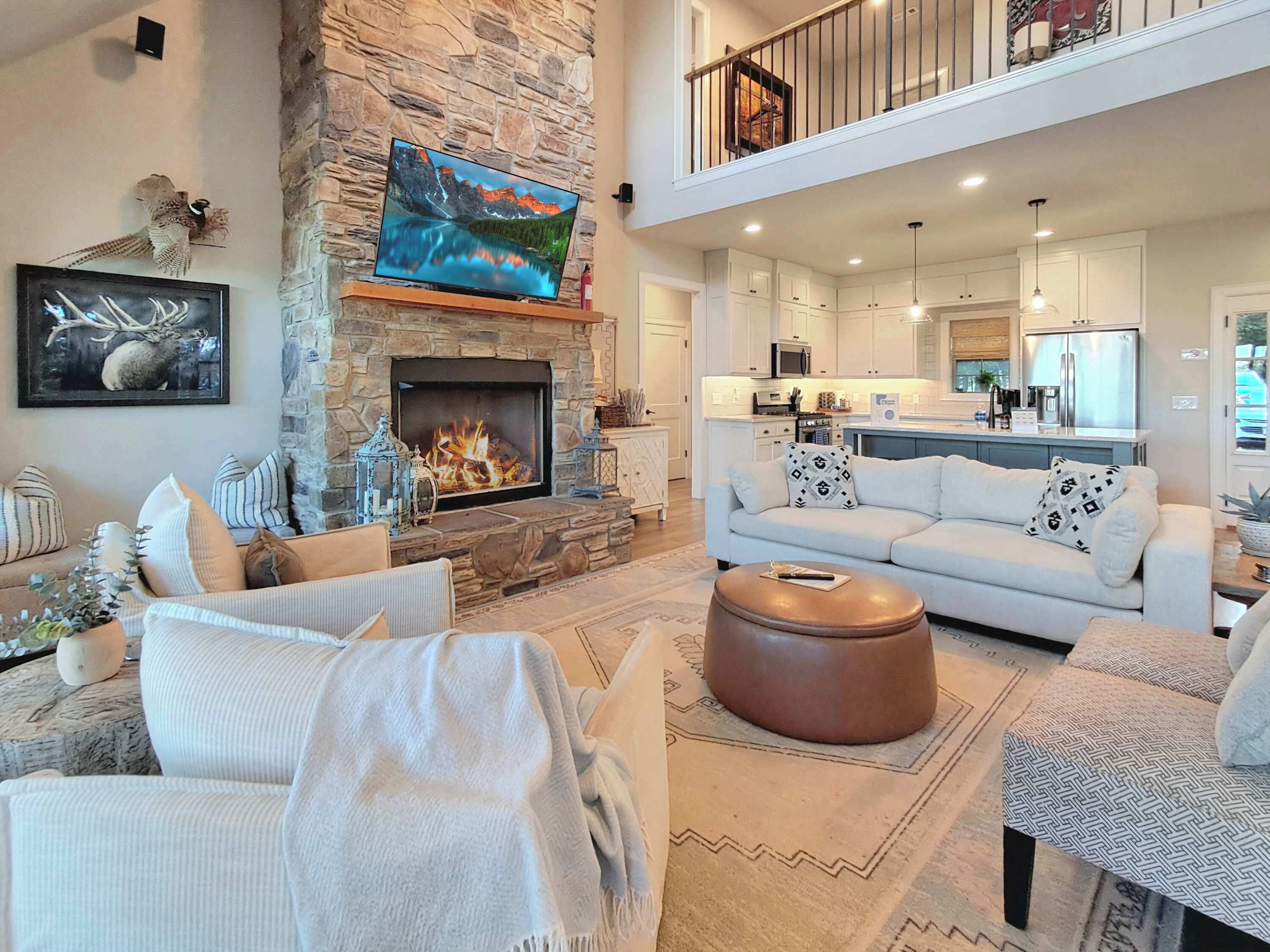 Télévision, cheminée, lecteur de DVD, chaîne hi-fi