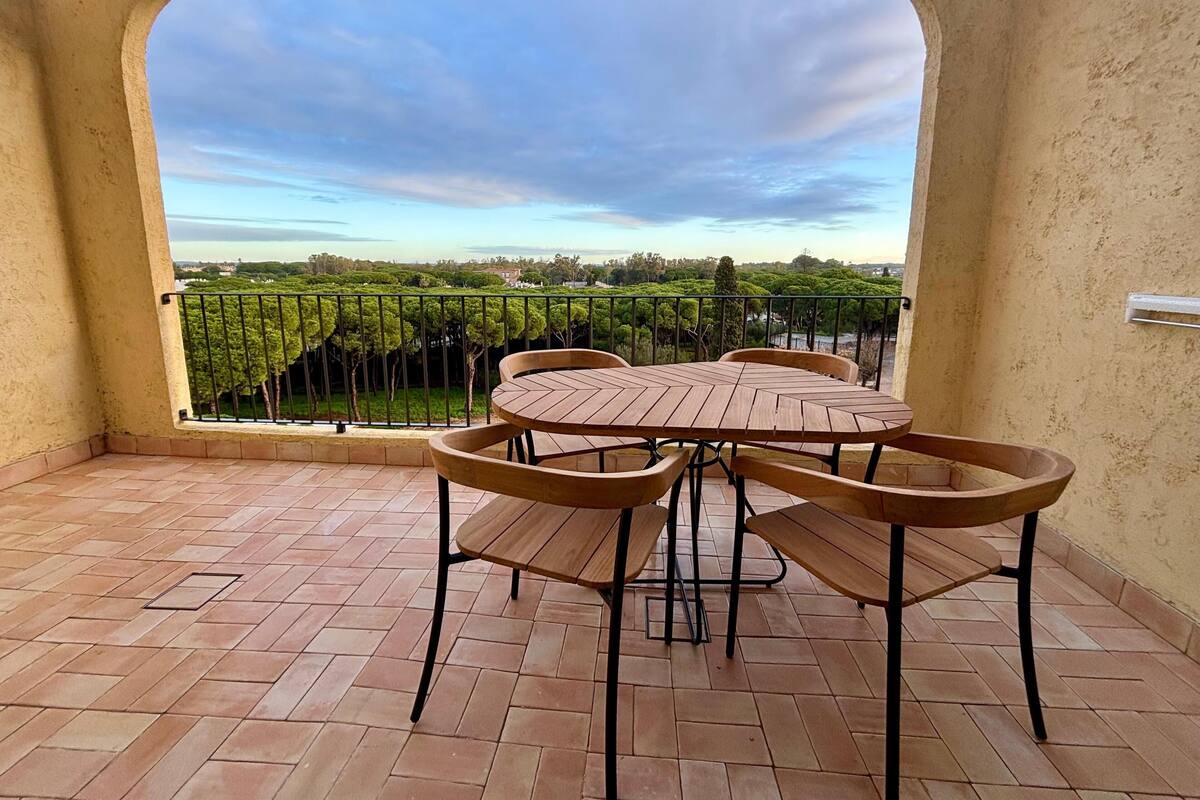 A terrace with a wooden table and chairs, a view of a vineyard, and a pergola structure.