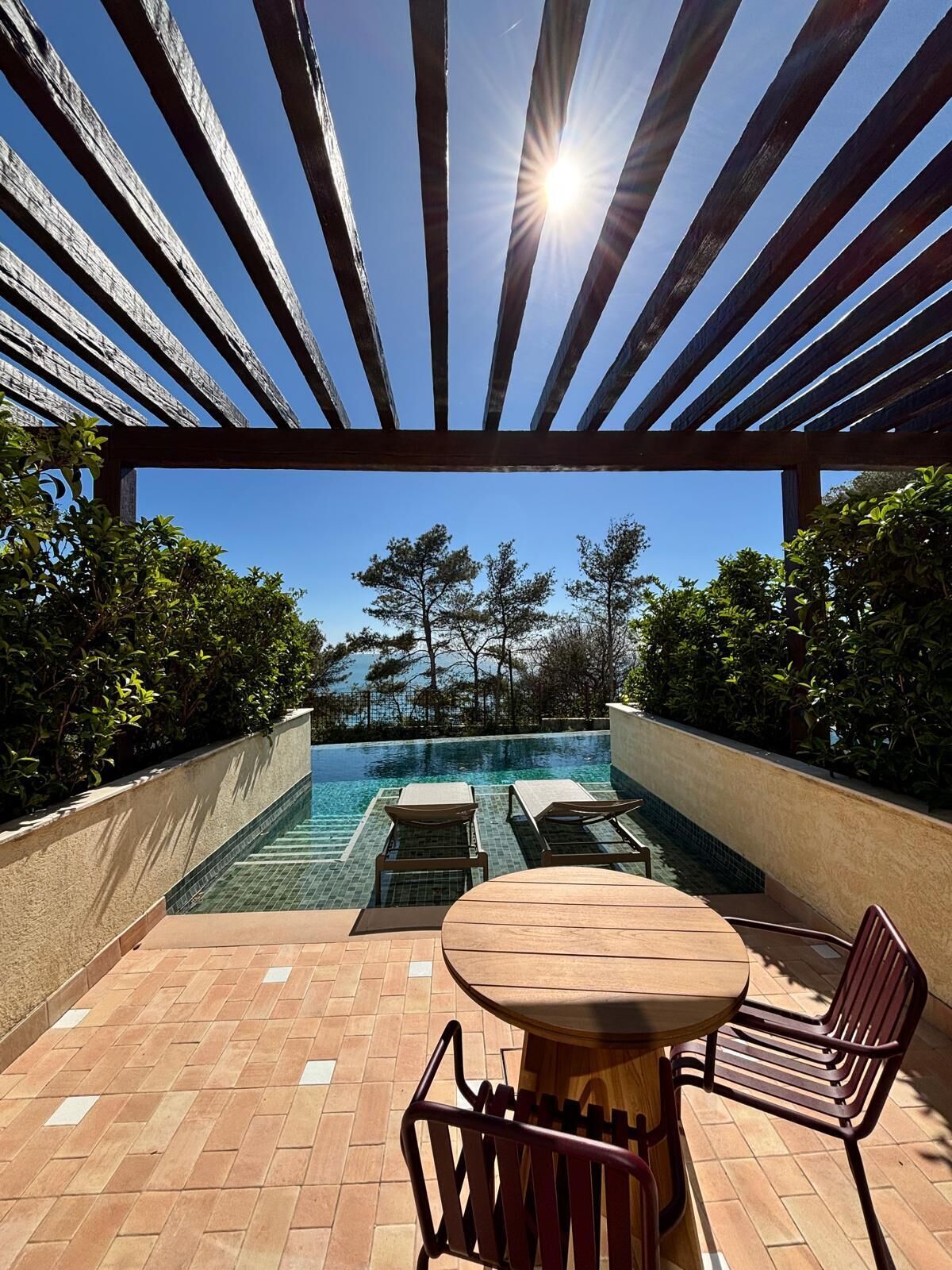 A pool area with a pergola overhead, lounge chairs, and a table.